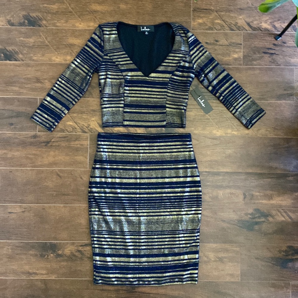Lulu’s - Blue and Gold Metallic Bodycon Set - Medium - NWT